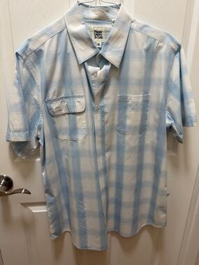 Paper Denim & Cloth Men’s Light Blue and White Plaid Short Sleeve Shirt XL